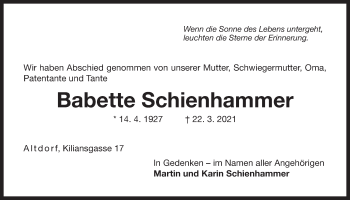 Traueranzeige von Babette Schienhammer von Der Bote