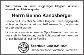 Traueranzeige von Benno Kandsberger von Pegnitz-Zeitung