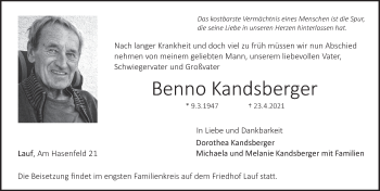 Traueranzeige von Benno Kandsberger von Pegnitz-Zeitung