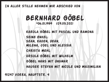 Traueranzeige von Bernhard Göbel von Hersbrucker Zeitung