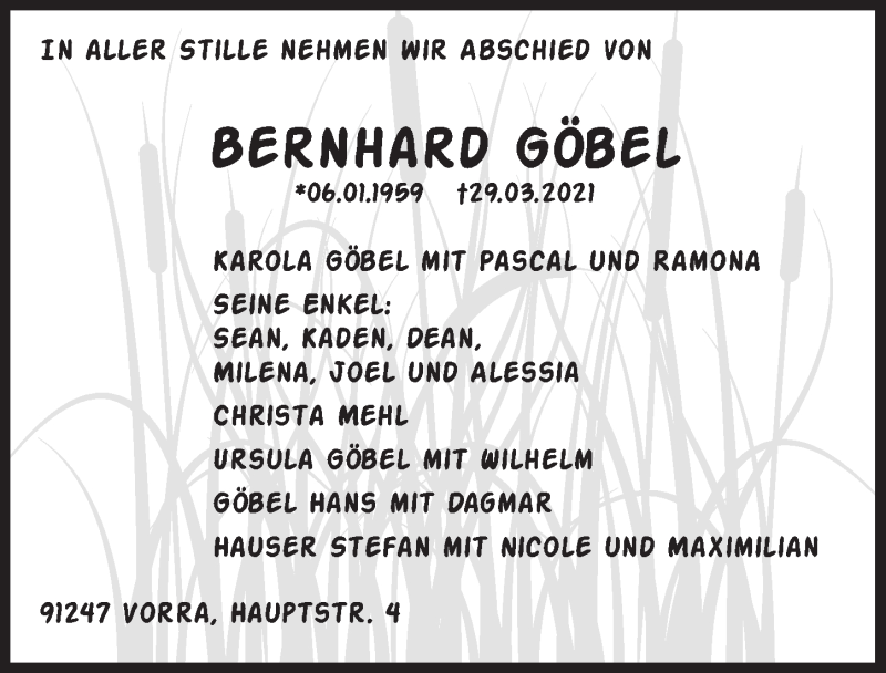  Traueranzeige für Bernhard Göbel vom 03.04.2021 aus Hersbrucker Zeitung