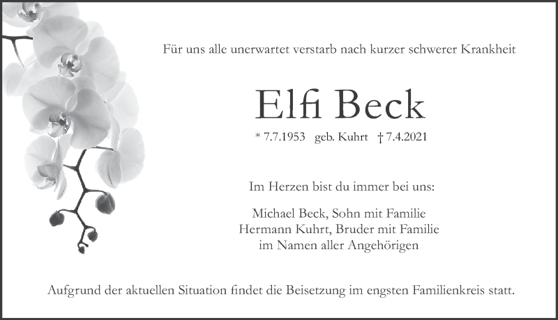  Traueranzeige für Elfi Beck vom 10.04.2021 aus Pegnitz-Zeitung