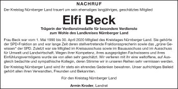 Traueranzeige von Elfi Beck von Pegnitz-Zeitung