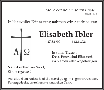 Traueranzeige von Elisabeth Ibler von Pegnitz-Zeitung