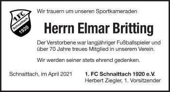 Traueranzeige von Elmar Britting von Pegnitz-Zeitung