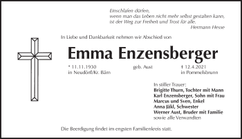 Traueranzeige von Emma Enzensberger von Pegnitz-Zeitung