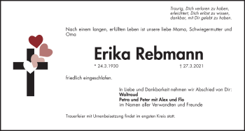 Traueranzeige von Erika Rebmann von Pegnitz-Zeitung