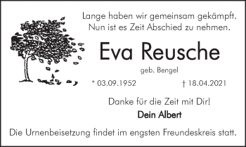 Traueranzeige von Eva Reusche von Hersbrucker Zeitung
