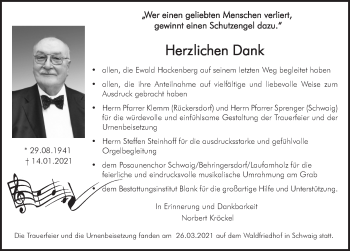 Traueranzeige von Ewald Hackenberg von Pegnitz-Zeitung