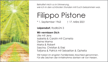Traueranzeige von Filippo Pistone von Pegnitz-Zeitung