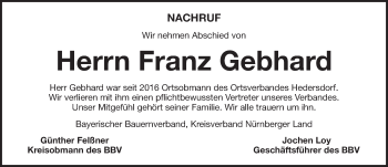 Traueranzeige von Franz Gebhard von Pegnitz-Zeitung