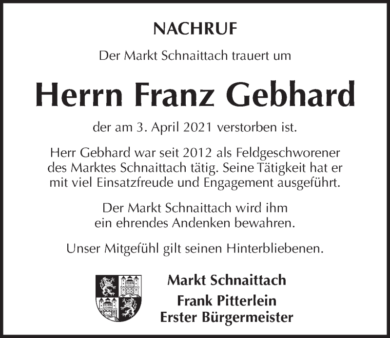  Traueranzeige für Franz Gebhard vom 24.04.2021 aus Pegnitz-Zeitung