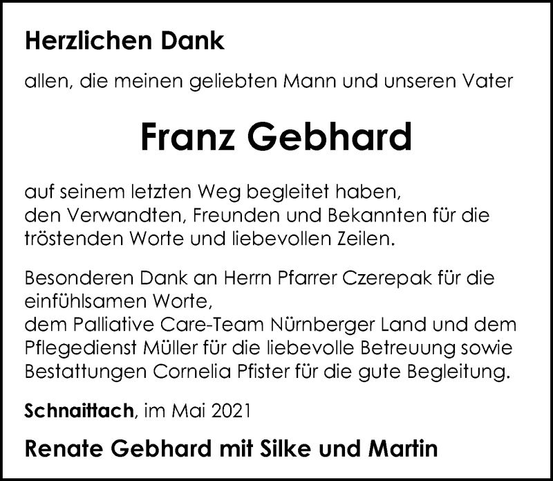  Traueranzeige für Franz Gebhard vom 30.04.2021 aus Pegnitz-Zeitung