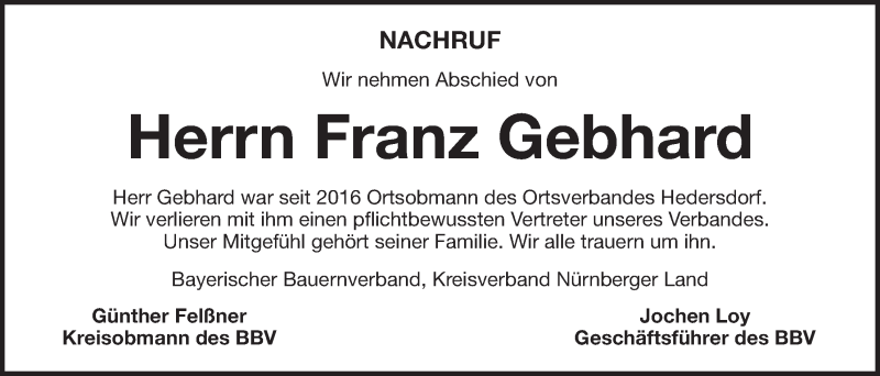  Traueranzeige für Franz Gebhard vom 23.04.2021 aus Der Bote