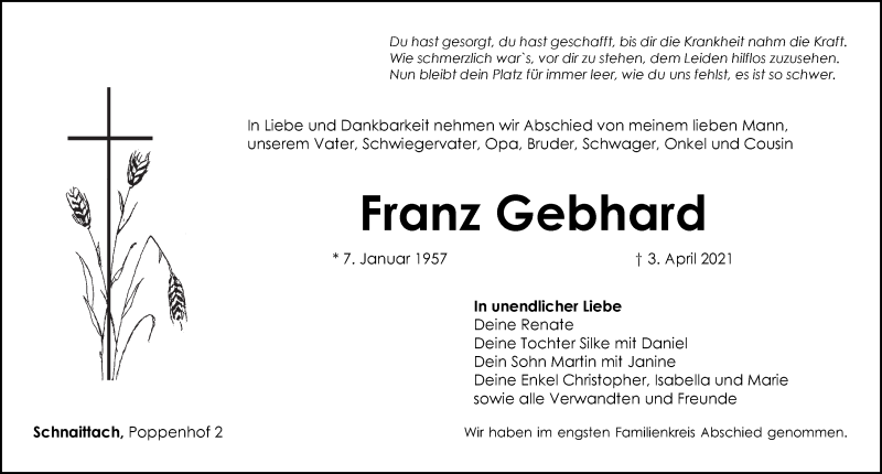  Traueranzeige für Franz Gebhard vom 17.04.2021 aus Pegnitz-Zeitung