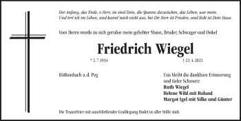 Traueranzeige von Friedrich Wiege von Pegnitz-Zeitung