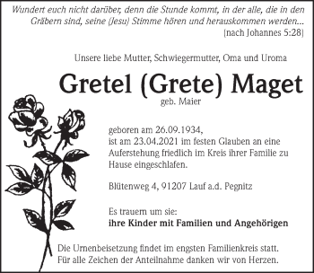 Traueranzeige von Gretel  Maget von Pegnitz-Zeitung