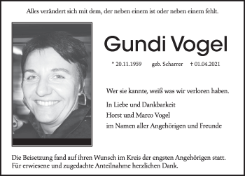 Traueranzeige von Gundi Vogel von Hersbrucker Zeitung