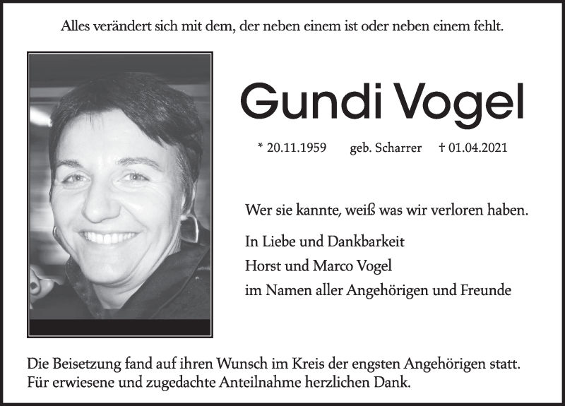  Traueranzeige für Gundi Vogel vom 24.04.2021 aus Hersbrucker Zeitung