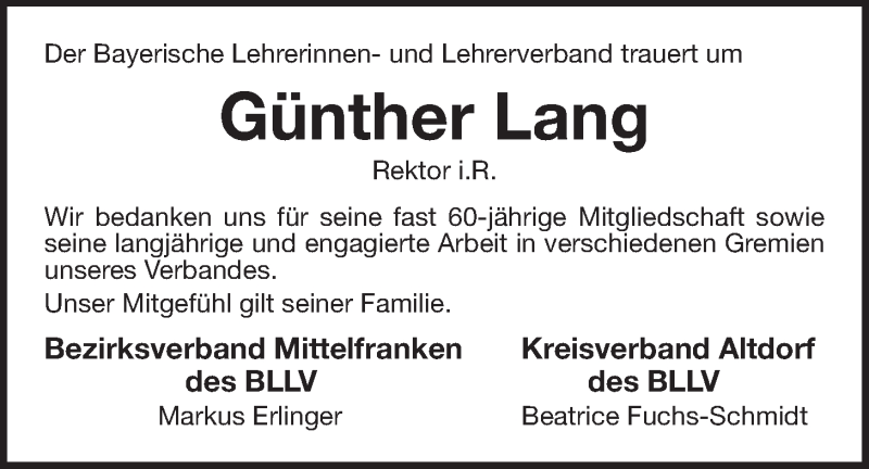  Traueranzeige für Günther Lang vom 23.04.2021 aus Der Bote