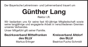 Traueranzeige von Günther Lang von Der Bote