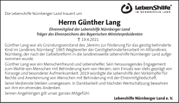Traueranzeige von Günther Lang von Pegnitz-Zeitung