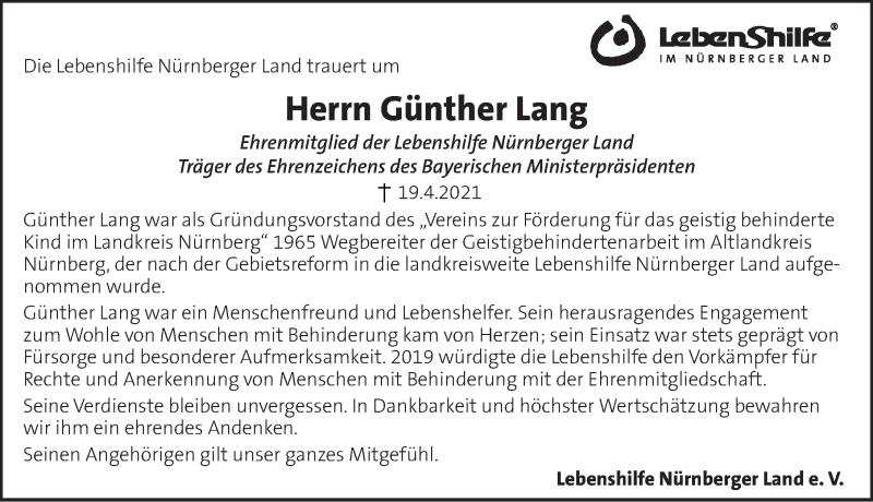  Traueranzeige für Günther Lang vom 23.04.2021 aus Pegnitz-Zeitung