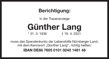 Traueranzeige von Günther Lang von Der Bote
