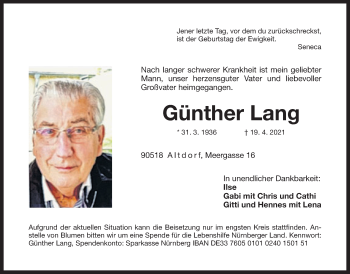 Traueranzeige von Günther Lang von Der Bote