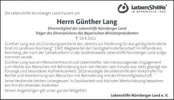 Traueranzeige von Günther Lang von Hersbrucker Zeitung