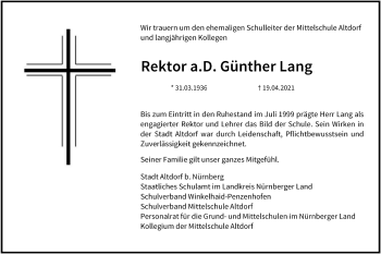 Traueranzeige von Günther Lang von Der Bote