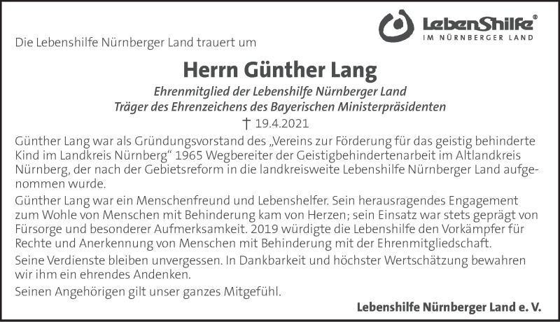  Traueranzeige für Günther Lang vom 24.04.2021 aus Hersbrucker Zeitung