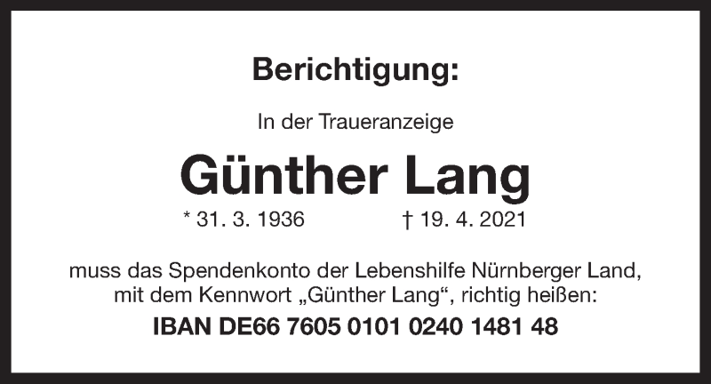  Traueranzeige für Günther Lang vom 23.04.2021 aus Der Bote
