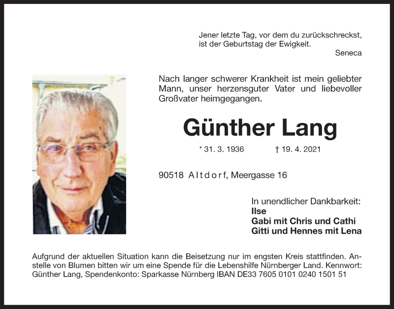  Traueranzeige für Günther Lang vom 22.04.2021 aus Der Bote