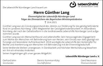 Traueranzeige von Günther Lang von Der Bote