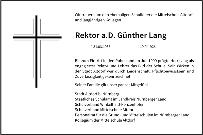  Traueranzeige für Günther Lang vom 23.04.2021 aus Der Bote