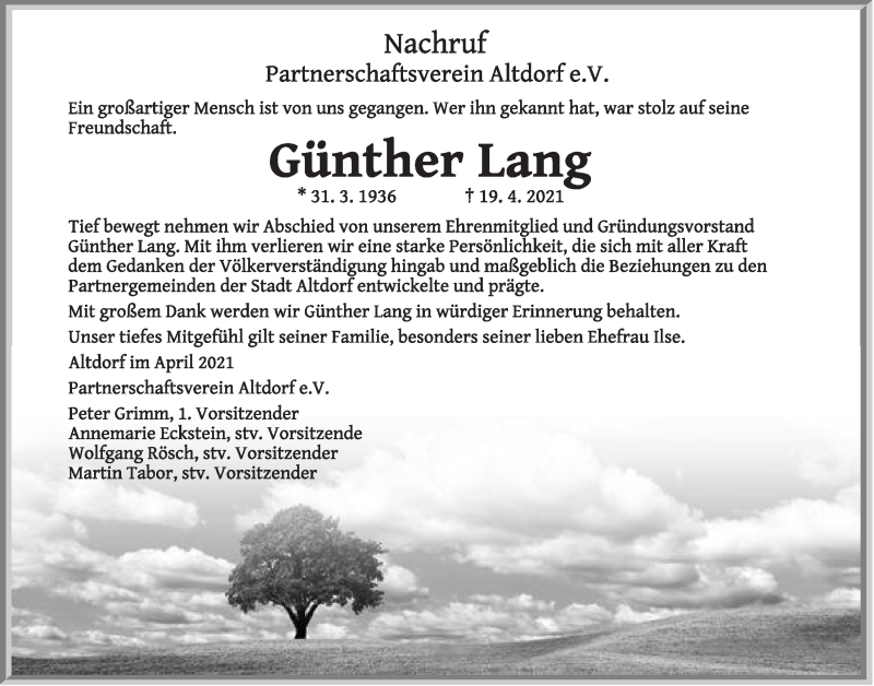 Traueranzeige für Günther Lang vom 22.04.2021 aus Der Bote
