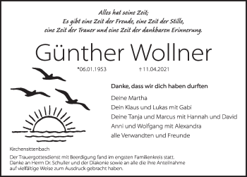 Traueranzeige von Günther Wollner von Hersbrucker Zeitung