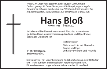 Traueranzeige von Hans Bloß von Hersbrucker Zeitung