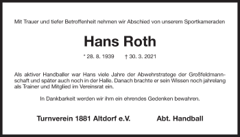 Traueranzeige von Hans Roth von Der Bote