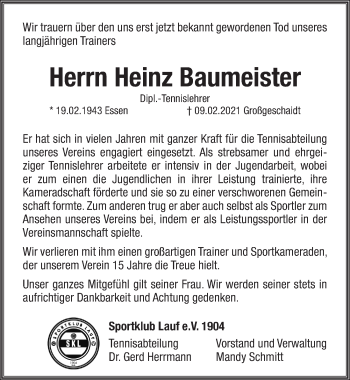 Traueranzeige von Heinz Baumeister von Pegnitz-Zeitung