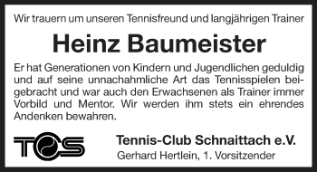 Traueranzeige von Heinz Baumeister von Pegnitz-Zeitung