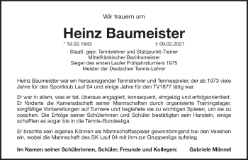 Traueranzeige von Heinz Baumeister von Pegnitz-Zeitung