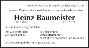 Traueranzeige von Heinz Baumeister von Pegnitz-Zeitung