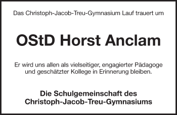 Traueranzeige von Horst Anclam von Pegnitz-Zeitung