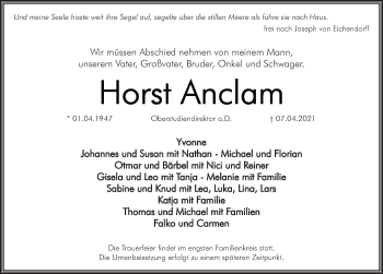 Traueranzeige von Horst Anclam von Pegnitz-Zeitung