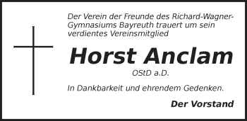 Traueranzeige von Horst Anclam von Pegnitz-Zeitung