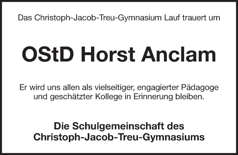  Traueranzeige für Horst Anclam vom 14.04.2021 aus Pegnitz-Zeitung