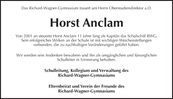 Traueranzeige von Horst Anclam von Pegnitz-Zeitung