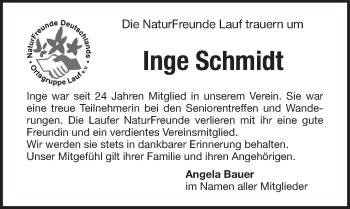 Traueranzeige von Inge Schmidt von Pegnitz-Zeitung